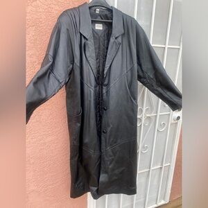 Liz Baker essentials long black leather jacket